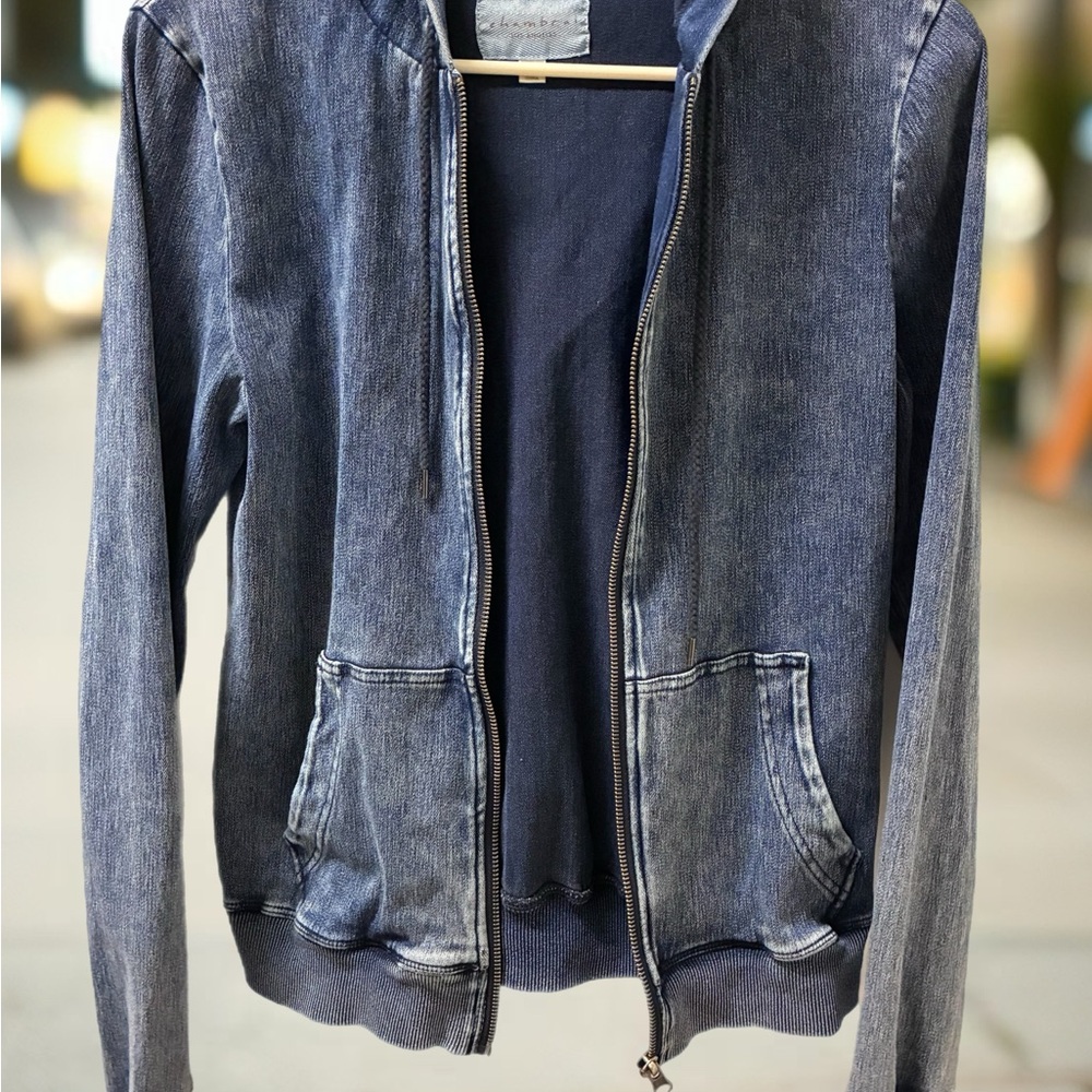 Women's Washed Denim-Look Zip Hoodie Jacket - Navy
